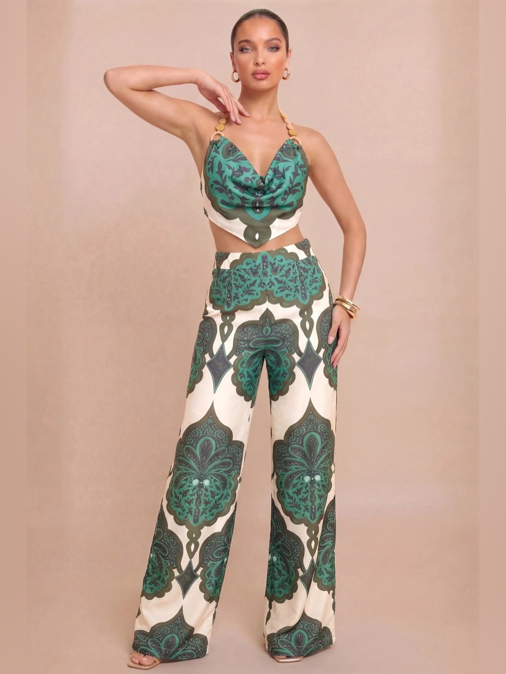 NWT Green Patterned Soly Beaded Wide-Leg Pants Set